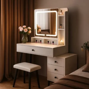 Modern LED Makeup Dressing Table with Mirror, 4 Drawers & Stool
