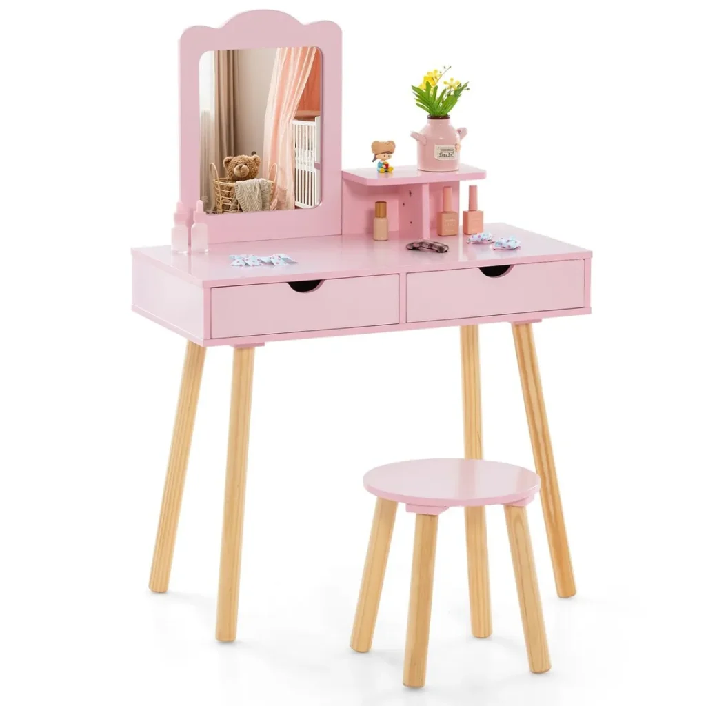 Toddler Makeup Vanity Table Chair with Mirror and Drawers 2 in 1