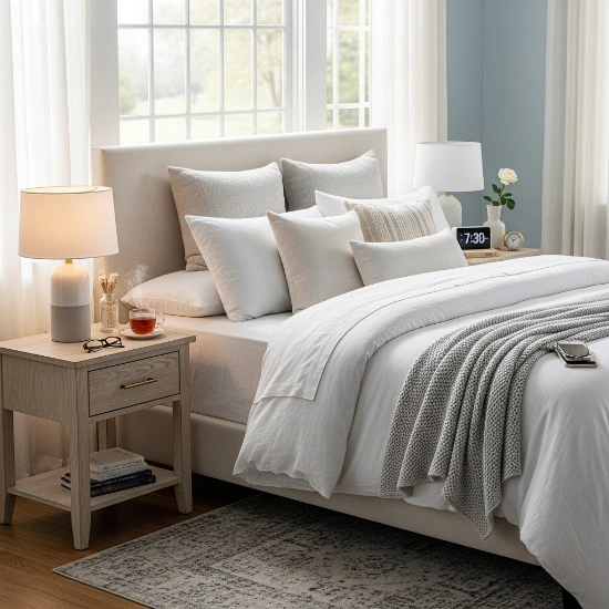 comfortable bed with bedside tables