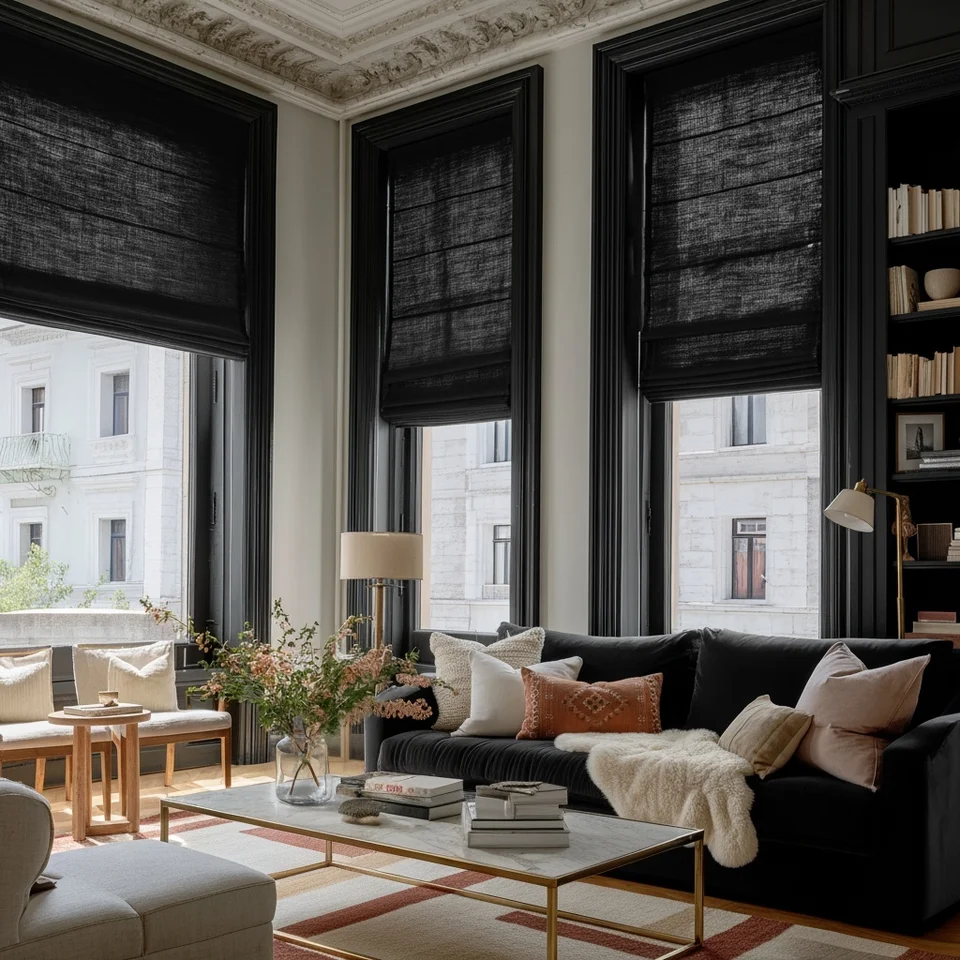 Black Linen Living Room Blinds