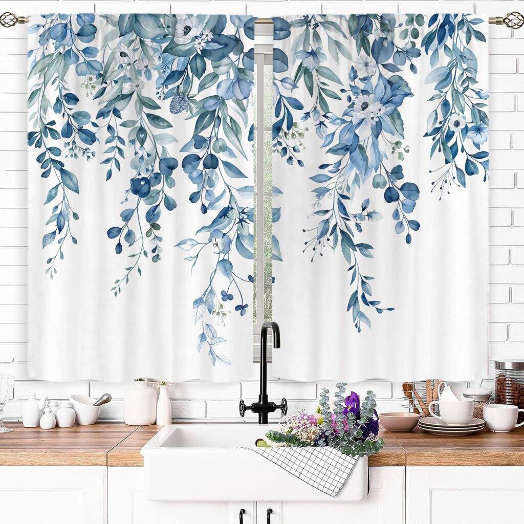Blue Eucalyptus Kitchen Curtains