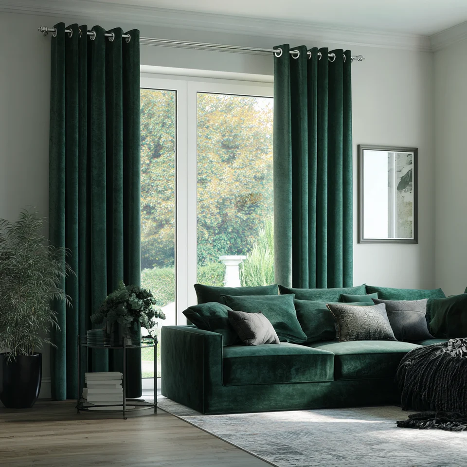 Hunter Green Velvet Eyelet Curtains
