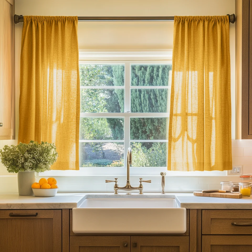 Mustard Yellow Linen Kitchen Curtains