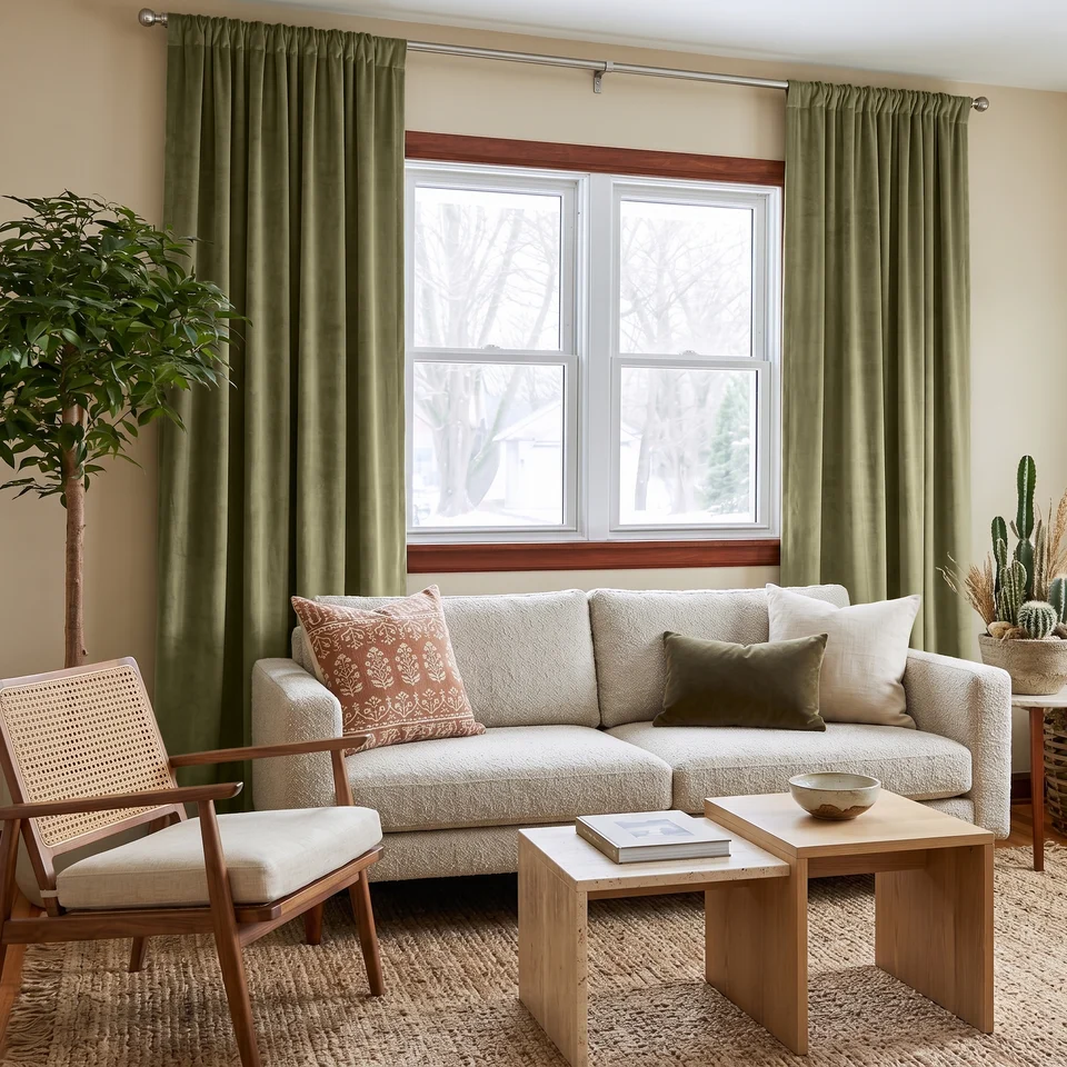 Olive Green Velvet Rod Pocket Curtain